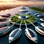 **A futuristic, sustainable floating city at sunset. Solar panels and wind turbines providing energy, with lush green spaces and advanced waste management systems visible. The city is designed to withstand harsh weather conditions and blends harmoniously with the ocean environment.**