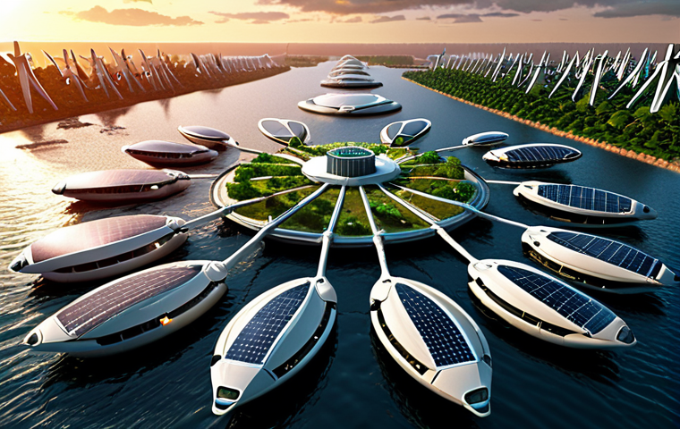 **A futuristic, sustainable floating city at sunset. Solar panels and wind turbines providing energy, with lush green spaces and advanced waste management systems visible. The city is designed to withstand harsh weather conditions and blends harmoniously with the ocean environment.**