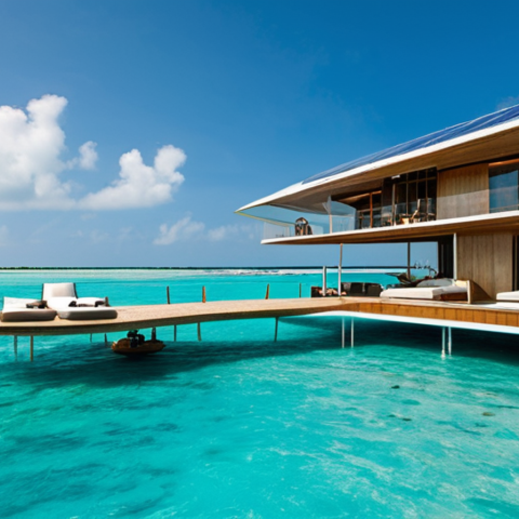 Sustainable Floating Resort**
"A luxurious, modern floating resort in the Maldives, fully clothed guests enjoying the sun on rooftop solar panels, green walls integrated into the architecture, clear turquoise water, professional photography, perfect anatomy, correct proportions, natural pose, safe for work, appropriate content, fully clothed, family-friendly, sustainable architecture, innovative design."
**