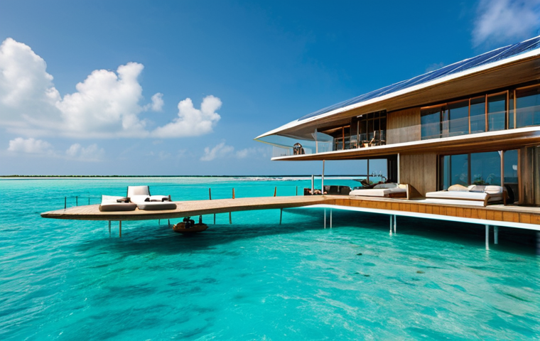 Sustainable Floating Resort**

"A luxurious, modern floating resort in the Maldives, fully clothed guests enjoying the sun on rooftop solar panels, green walls integrated into the architecture, clear turquoise water, professional photography, perfect anatomy, correct proportions, natural pose, safe for work, appropriate content, fully clothed, family-friendly, sustainable architecture, innovative design."

**