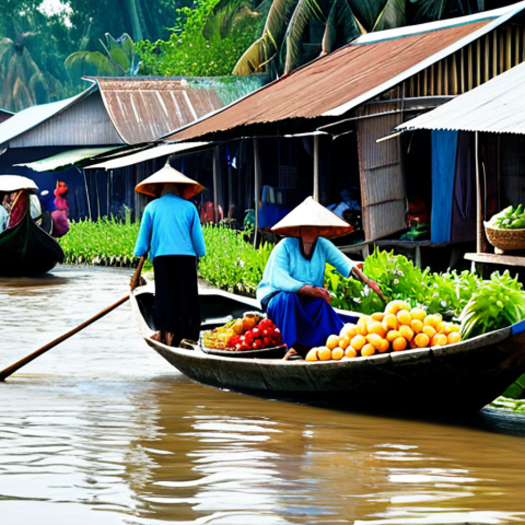 **
A bustling floating market scene in the Mekong Delta, Vietnam. Vendors in *áo bà ba* sell fresh produce and goods from colorful boats. Traditional Vietnamese houses are visible in the background, built on stilts above the water. The water reflects the vibrant colors of the scene, with hints of sunrise. safe for work, appropriate content, fully clothed, family-friendly, professional photography, perfect anatomy, correct proportions, natural pose, well-formed hands, proper finger count, natural body proportions.
**