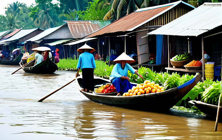 **

A bustling floating market scene in the Mekong Delta, Vietnam. Vendors in *áo bà ba* sell fresh produce and goods from colorful boats. Traditional Vietnamese houses are visible in the background, built on stilts above the water. The water reflects the vibrant colors of the scene, with hints of sunrise. safe for work, appropriate content, fully clothed, family-friendly, professional photography, perfect anatomy, correct proportions, natural pose, well-formed hands, proper finger count, natural body proportions.

**