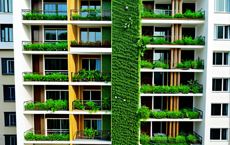 플로팅 시티에서의 에너지 효율성 향상 방법 - **Prompt:** "A modern, eco-friendly apartment complex in Hanoi, Vietnam, showcasing rooftop solar pa...