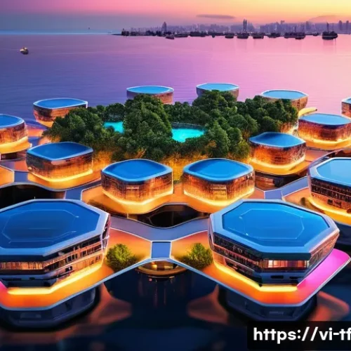 Home 32 플로팅 도시와 해양 생태계 보호 - **Prompt:** A breathtaking aerial view of a futuristic floating city at sunset. The city features se...