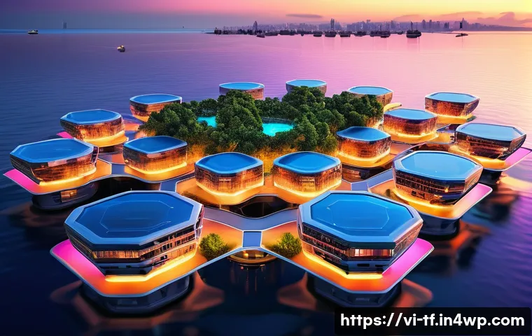 플로팅 도시와 해양 생태계 보호 - **Prompt:** A breathtaking aerial view of a futuristic floating city at sunset. The city features se...