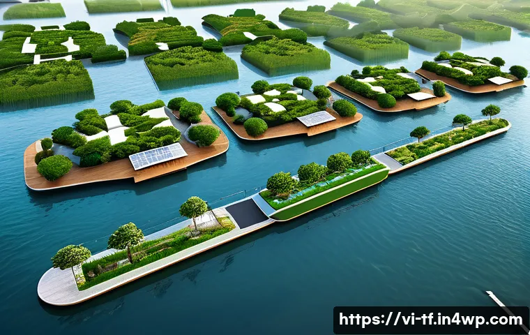 플로팅 도시의 건축 디자인 사례 - A modern floating city in Vietnam featuring modular floating architecture with interconnected flexib...