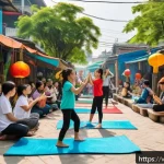 Home 23 플로팅 시티의 커뮤니티 형성 전략 - A vibrant urban community space in a Vietnamese floating city, featuring diverse cultural activities...