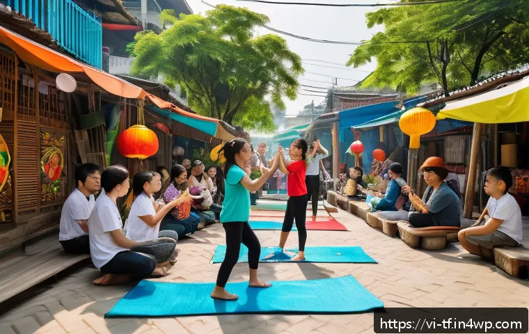 플로팅 시티의 커뮤니티 형성 전략 - A vibrant urban community space in a Vietnamese floating city, featuring diverse cultural activities...