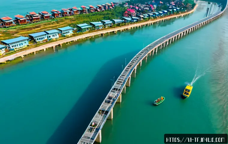 플로팅 도시의 사회적 영향 - Photorealistic wide-angle view of a sustainable floating city above calm turquoise waters in coastal...