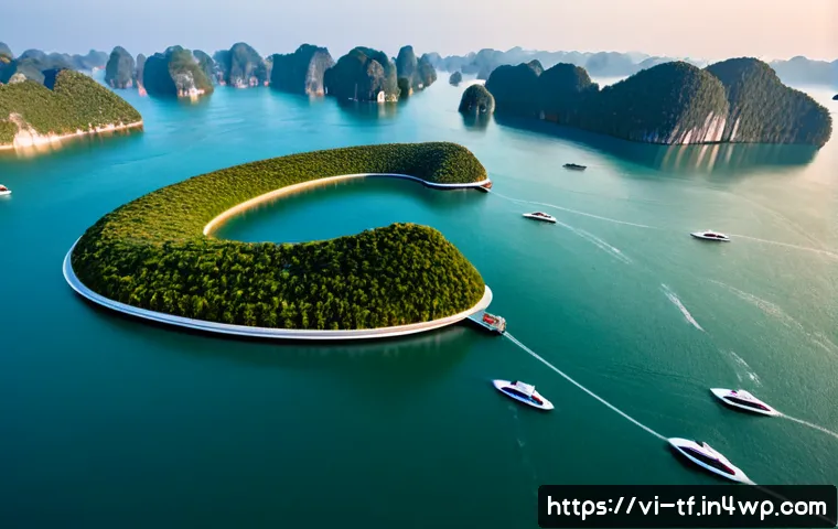 Home 17 플로팅 도시와 인공지능의 접목 - Photorealistic aerial view of a sustainable floating city in Ha Long Bay, Vietnam, modern homes and ...