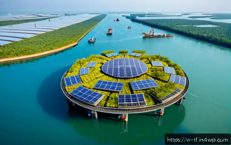 Home 17 플로팅 도시 개발을 위한 기술적 과제 - Photorealistic wide-angle view of a modern floating city development in a calm tropical Vietnamese b...